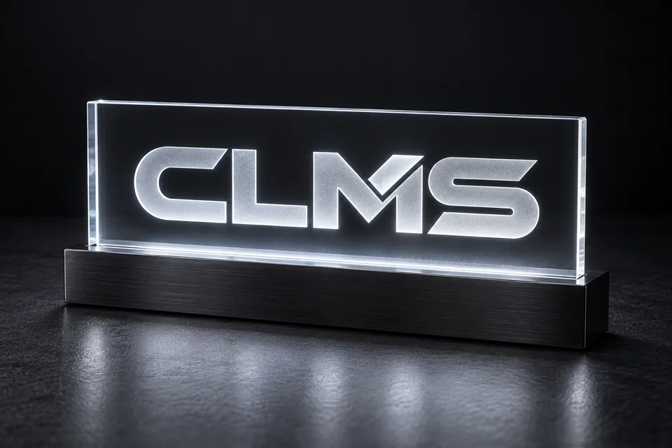 Konzeptdarstellung eines Acrylglas-Logos und einer Beschilderung mit LED-Beleuchtung